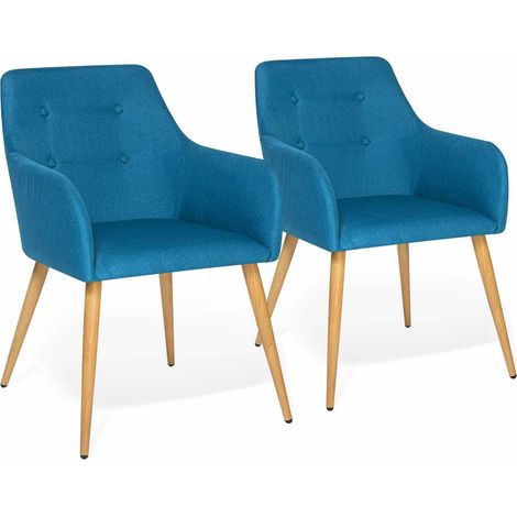 Idmarket – Lot de 2 fauteuils de table scandinaves bleu canard – Dossier capitonné 4 boutons – Accoudoirs confortables – Pieds métal effet bois (1/6)