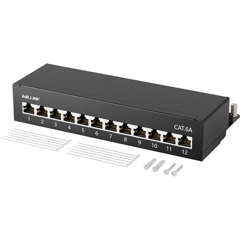 CAT6a 12-Port Shielded RJ45 Female LSA Patch Panel - 10" Rack Mount - Black 10 pouces Montage en rack Panneau de brassage de bureau Noir (1/5)