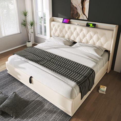 DESVIAE Lit double rembourré avec LED 360 rangement hydraulique USB Type C 160 x 200 cm blanc PU avec matelas à ressorts ensachés 720 ressorts (1/5)