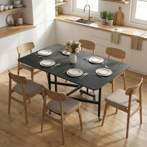 Table pliante 4 Bois Noir 6 personnes 2 volets roues frein effet 120x80x73 cm