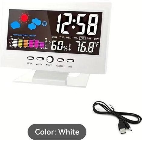 Stazione meteorologica wireless, termometro per interni, sveglia digitale, termometro a LED, monitor di temperatura e umidità, bianco