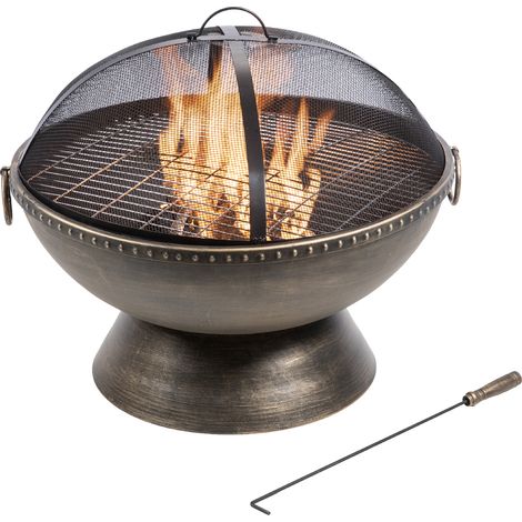 Braséro de jardin à bois chauffage extérieur avec tisonnier couvercle grille BBQ acier bronzé Teamson Home HR30701AA (1/5)