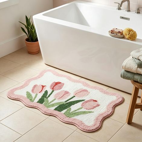 Tapis de bain moelleux à motif de tulipes mignonnes, tapis de douche antidérapant et absorbant avec bord ondulé, tapis de bain en peluche extra doux, paillasson décoratif floral pour salle de bain, cu (1/5)
