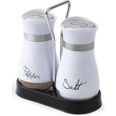 Ensemble de 2 salières et poivrières en acier inoxydable avec bouteille en verre, idéal pour la table, le camping-car, le camping et les barbecues. Couleur : blanc. (1/5)