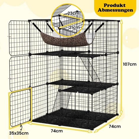 Cage pour chat 3 etages grand enclos pour chat avec hamac 2 echelles 3 portes et puits de lumiere 74 x 74 x 107 cm