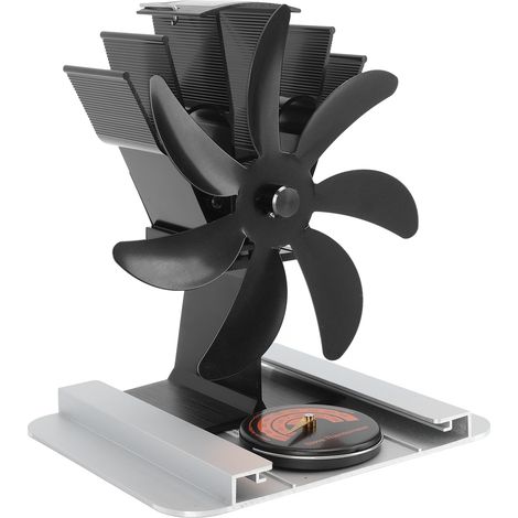 Ventilateur de poêle à bois à 7 pales, alimenté par la chaleur, avec plaque d'isolation thermique, thermomètre et fonctionnement silencieux. Format vertical, noir. (1/5)