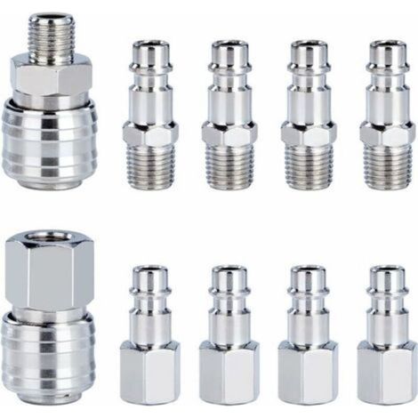 Raccord Rapide de Compresseur 1/4"BSP Coupleur Pneumatique d\'air Kit Raccords de Tuyau Connecteur Homme Femme 10 Pièces (1/4)