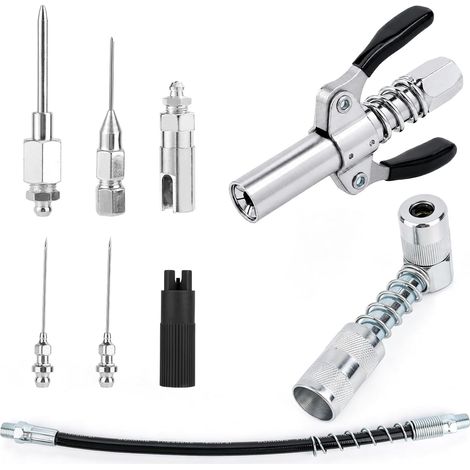 Kit Accessoires Pistolet Graisse, Buse Pistolet Graisse, Tuyau, Nettoyant, Raccord 90 Degrés, Aiguilles (2 Fines + 1 Grosse) & Pointe Aiguille & Buse Intégrée pour Automobile Machines Lourdes (1/5)
