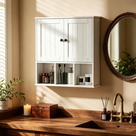 Armario de baño de pared 60 x 19,5 x 60 cm en MDF blanco con estantes abiertos - CHICFURN (1/5)