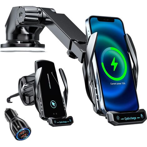 15W Qi Car Induction Charger Compatible with All Air Vents, Windshields and Smartphone Dashboards (with QC3.0 Car Charger) (1/5)