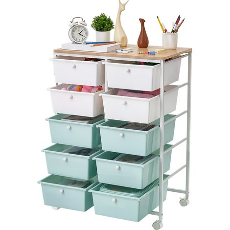 VEVOR Chariot de Rangement a 10 Tiroirs avec Roulettes Plateau en Bois Bleu, Tiroirs PP Double Rangee, Cadre en Acier, pour Bureau, Salle de Classe, Loisirs Creatifs, Roulettes Pivotantes 2 avec Frein (1/5)