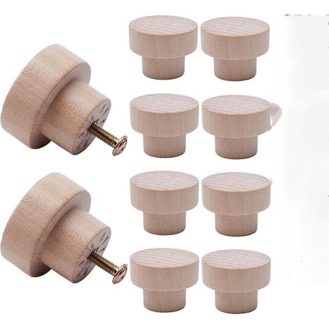 10 boutons de meubles en bois, poignées rondes en bois pour tiroirs, meubles, armoires, commodes (35x25mm) (1/5)