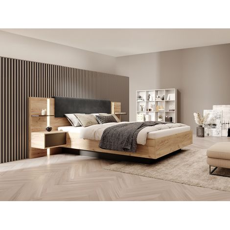Letto con comodini 140 x 190 cm Con LED Naturale e Antracite + Rete a doghe + Materasso - ELYNIA (1/4)