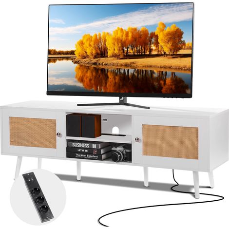 VEVOR Mobile TV in Rattan, Stile Moderno Mid Century per Televisori da 1651 mm, Boho con Presa Integrata e Porte USB, Ripiani Regolabili per Soggiorno, Sala Multimediale Bianco (1/5)