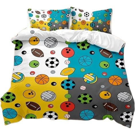Parure de lit enfant sport 135x200cm, motif baseball et football, 3 pièces avec taies d'oreiller (1/5)