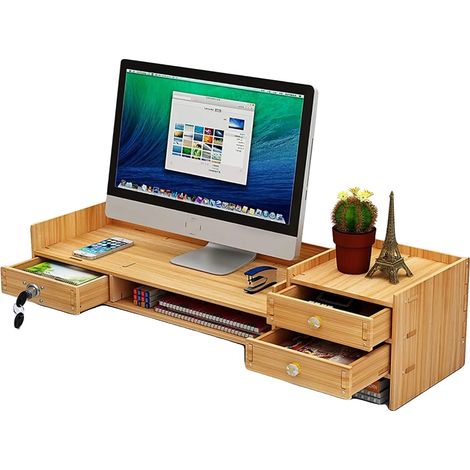 Supporto per monitor, pannello in legno sottile, 65,5 cm x 20 cm x 13,5 cm, 2,7 kg, vano portaoggetti, design ergonomico. (1/4)