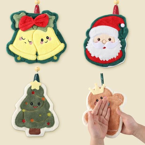 Lot de 4 torchons de Noël créatifs, torchon doux Père Noël avec anneau de suspension, torchon de Noël en pain d'épice, ensemble de torchons de cuisine et de salle de bain de Noël, pour sécher, nettoye