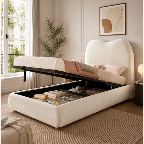 Lit coffre enfant 90x200 cm avec coffre hydraulique, tête de lit rembourrée, sommier à lattes, velours beige (1/5)