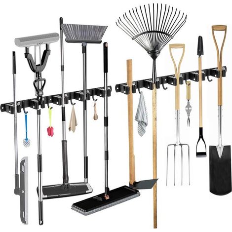 Wandmontierte Besenhalterung (einschließlich 10 Halterungen und 8 Haken) für Gartengeräte,Edelstahl,Garage und Garten (schwarz)