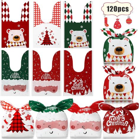 120 bolsas de regalo, 6 diseños, estampado navideño, material EVA, asa con orejas de conejo, para fiestas y empaques. (1/5)