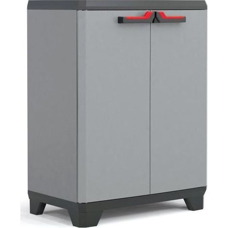 Keter – Armoire de rangement basse Stilo 90 cm – Gris et noir – 2 portes – Casier organisateur pour outils et accessoires