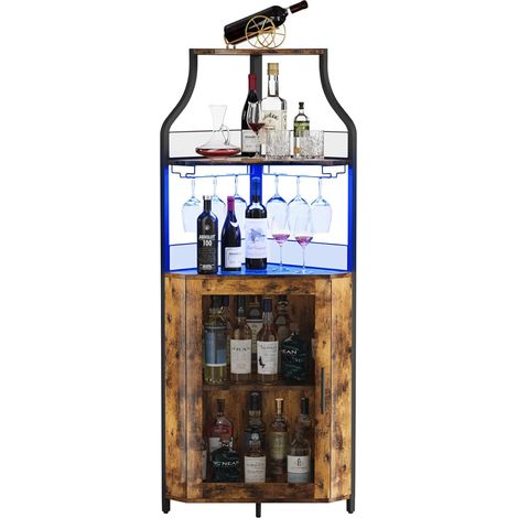 Support à vin d’angle 5 niveaux 47x34x154 cm, 50 bouteilles, support verres, portes maille métallique