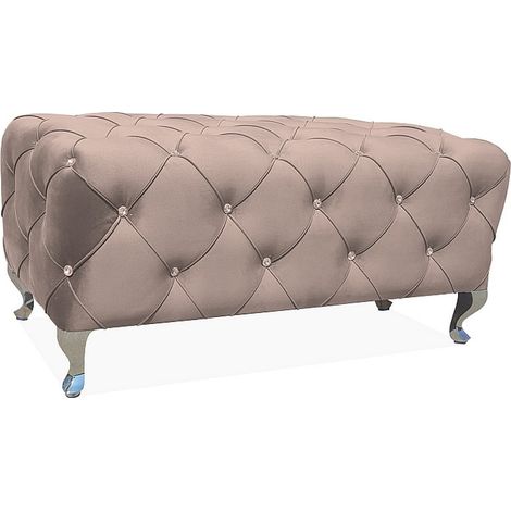 Pouf capitonné en velours beige avec pieds design en métal Lynda