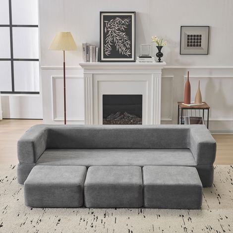 AS EASY Ebern Designs Ensemble de canapé convertible avec 3 repose-pieds – lit en mousse à haute élasticité, canapé au sol en chenille gain de place pour studios et bureaux à domicile. Gris (1/5)