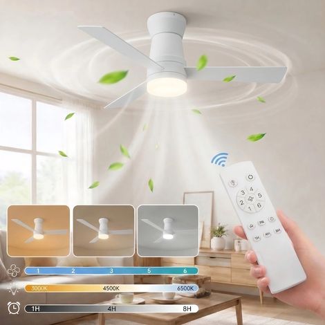 ADWOLT Ventilateur Plafond avec Lumiere et Télécommande-52"(132 cm)-3 Pales -Dimmable, Silencieux,6 Vitesses, Minuterie, Silencieux,Blanc (1/5)