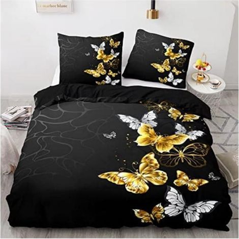 Parure de lit Housse de Couette en Microfibre Taies d'oreillers, 3D Imprimé Sets de Housse de Couette Papillon doré,240x260cm - 2UX (1/3)