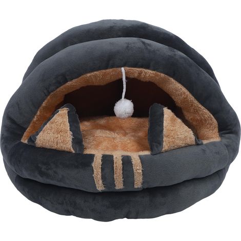 Decdeal Grotte pour Chat Semi-fermée Lit Confortable pour Animaux de Compagnie Dessin animé Lavable Maison pour Animaux pour l'automne et l'hiver Gris S