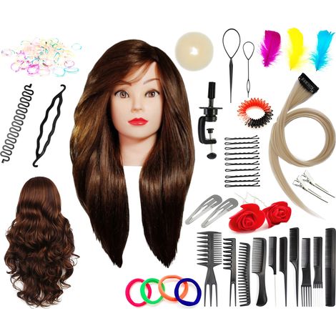 Alinka 80, cabeza de entrenamiento marrón, cabello mixto 60% + 80 accesorios + soporte, equipo de peluquería para peinar, cabeza de entrenamiento (1/5)