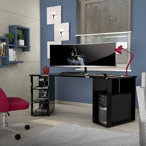 Escritorio Fuhao, 2 Estantes, Hecho en Italia, 90.5x205x76h cm Negro Brillante (1/4)