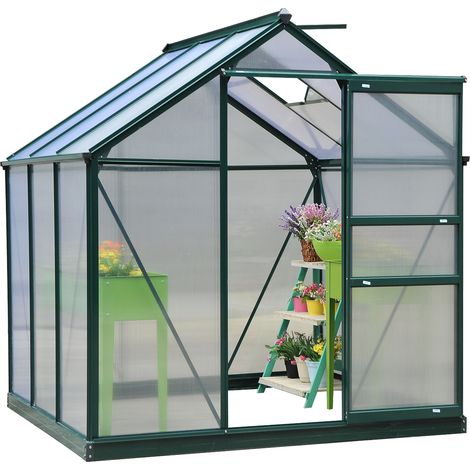 6 x 6ft Polycarbonate Greenhouse, Large Walk-In Green House with Slide Door Window, Garden Plants Grow House with Aluminium Frame Foundation, Dark Green (1/5)