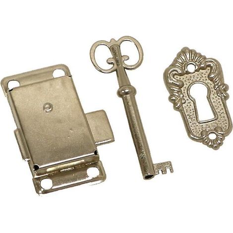 Serrure de porte d'armoire ancienne avec clés et vis - Finition nickel blanc (1/3)
