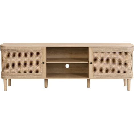 Homifab – Meuble TV 2 portes chêne naturel et cannage – Dimensions 160x40x55 cm – Piètement bois massif – Rangements pratiques (1/5)