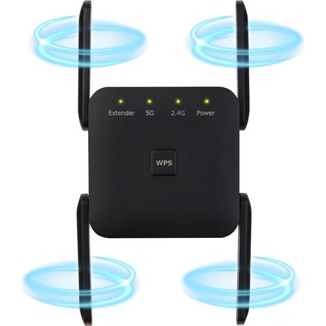 Répéteur d'extension de réseau WiFi, 1200 Mbps Amplifier, Double Bande, 5 GHz et 2,4 GHz, Powerful Repeater with Ethernet Port, Compatible with All Internet Boxes, Installation Facile (Noir) (1/5)
