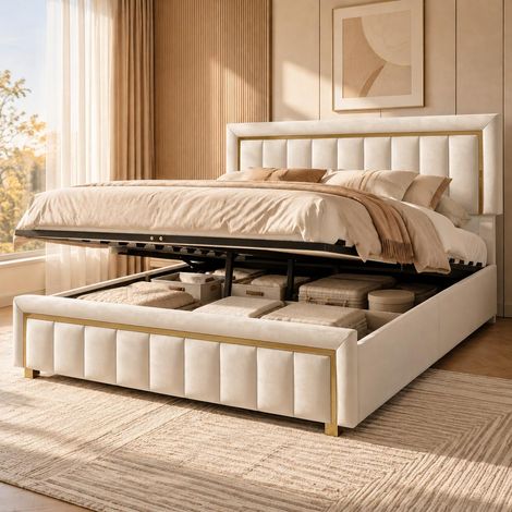Cama canapé abatible 160x200 cm de matrimonio con ribete dorado, Cabecero ajustable en altura de estilo moderno elegante y somier de láminas, de terciopelo, Beige (1/5)
