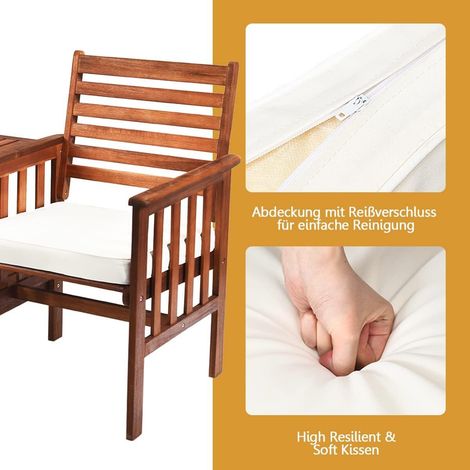 Banc de jardin marron et blanc 2 places en acacia avec table, trou pour parasol et coussins déhoussables pour terrasse et jardin (1/5)