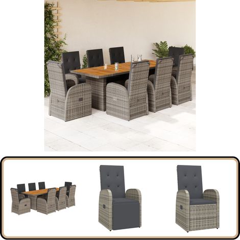 9-tlg. Garten-Essgruppe mit Kissen Grau Poly Rattan - Garten Möbel - Outdoor Essbereich - Gartenset - Esstisch Set - Lounge Gruppe