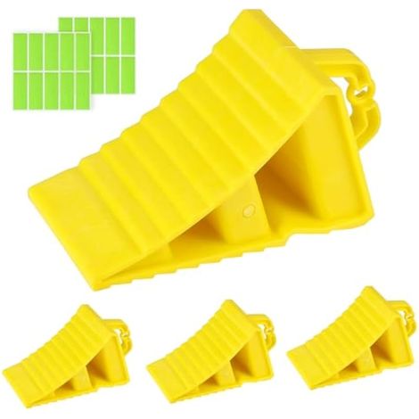 4 cales de roue en plastique PE 190 x 107 x 107 mm avec poignée et 20 autocollants réfléchissants. Cales de frein antidérapantes pour remorques, caravanes, voitures et SUV. (1/4)