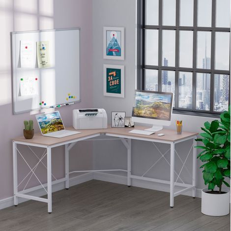 Bureau d’angle en L MDF et métal 150 x 150 x 76 cm finition naturelle avec pieds réglables (1/5)