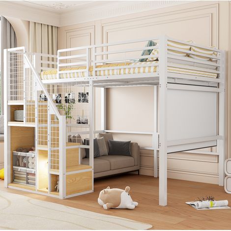 Cama alta 140x200 cm blanca de metal y MDF, con almacenaje y escalera (1/5)