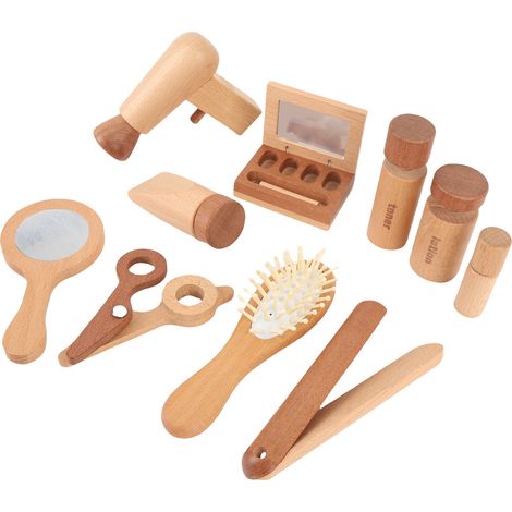 Ensemble de maquillage en bois, adorable salon de beauté avec sèche-cheveux, miroir et autres accessoires pour filles (1/5)