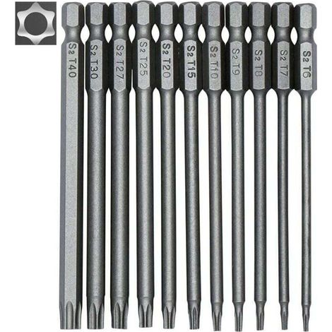 Jeu de 11 embouts longs Torx pour tournevis et visseuse électrique - Embouts magnétiques - Tige hexagonale de 1/4" - Tailles T6 à T40 - Longueur 100 mm (1/5)