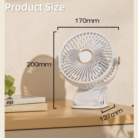Ventilateur pince, USB Silencieux, 5 Vitesses, Rotation 360°, Avec des lumières, Convient aux bureaux aux dortoirs,1200mah,blanc (1/4)