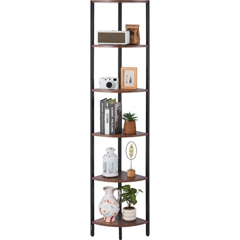 Étagère d'angle à 6 niveaux, hauteur 171,5 cm, bibliothèque du coin avec éclairage LED, meuble de rangement tour avec cadre en métal et étagères en bois, pour chambre, salon, bureau, cuisine (1/5)