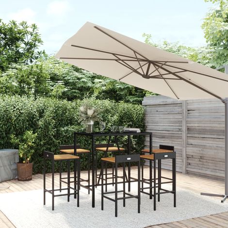 Ensemble Table de bar + 6 Chaises de bar de jardin - Table Haute avec 6 Tabourets noir poly rotin/bois massif acacia BV821169 - BonneVie (1/5)