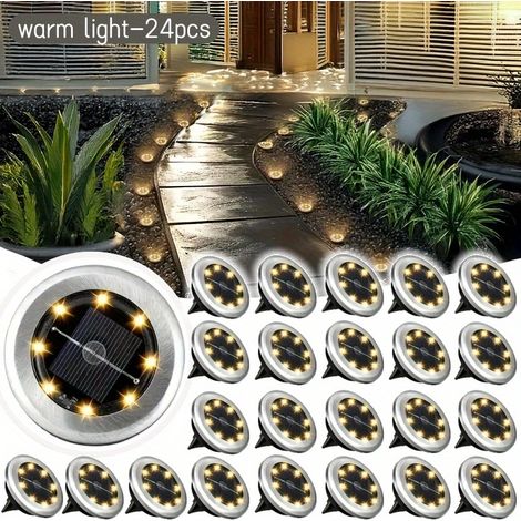 Lot de 24/16 lampes solaires de sol à 8 LED en acier inoxydable pour allées, jardins, cours et pelouses, couleur chaude-AquaForge (1/4)