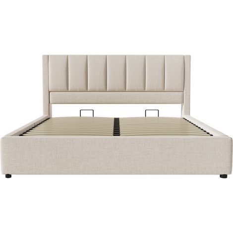 Lit rembourré 160x200 cm avec porte-gobelet dissimulé et station de recharge, lit hydraulique avec rangement sous le lit, sommier à lattes inclus, lin beige (sans matelas) (1/5)
